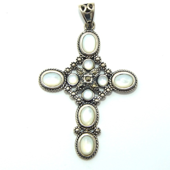 HSN Jewelry - Cross Pendant in .925 Sterling, Mother of Pearl, and Marcasit
